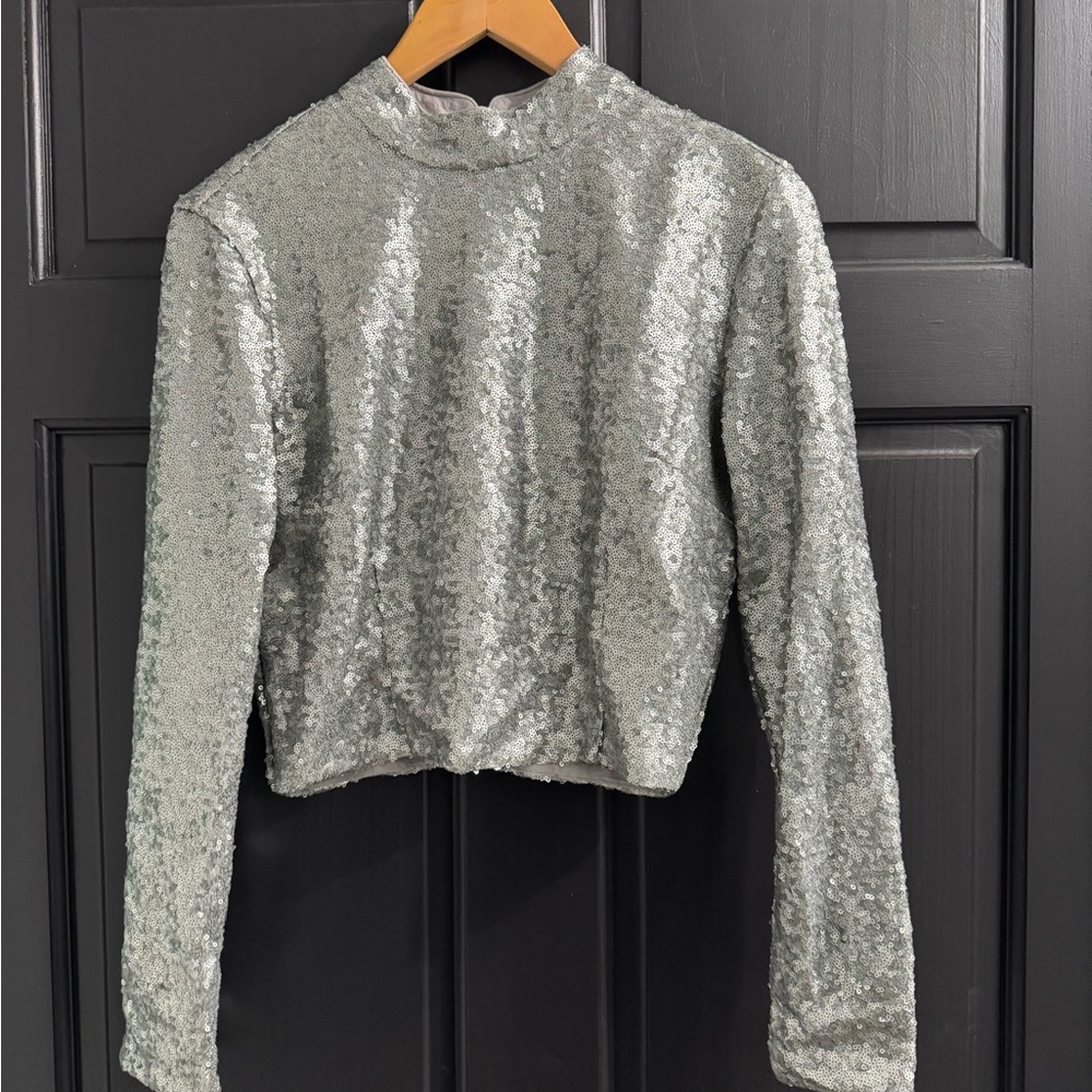 Kendall & Kylie Silver Sequin Long Sleeve Top
